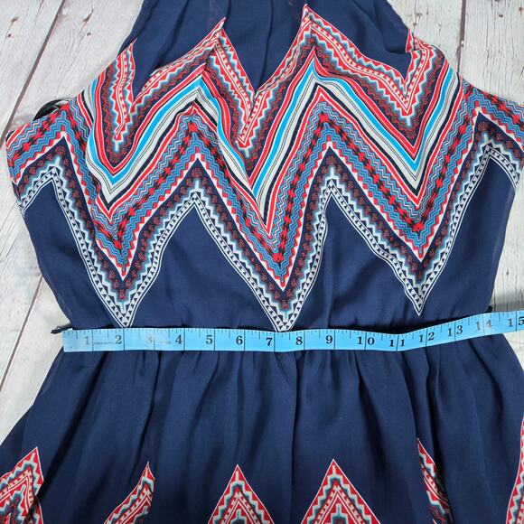 by & by Chevron Print Boho Western High Neck Mini Dress‎ Navy Blue L - Picture 11 of 12